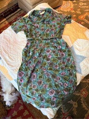 Vintage “The Berkshire” Floral Print Midi Dress in Teal and Pink